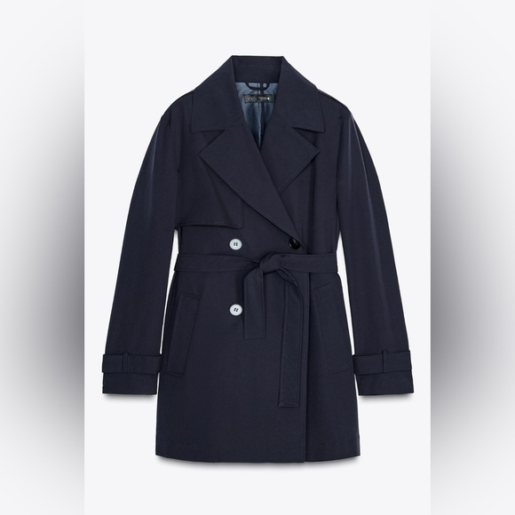 Zara Navy Blue Belted Midi Trench Coat Size Small – Brand New - Picture 2 of 13